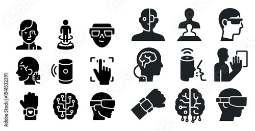 Futuristic technology solid icons set – ai, robotics, virtual reality symbols
