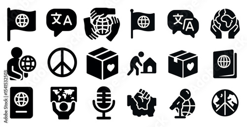 Global communication solid icons set – filled, peace, translation and language symbols