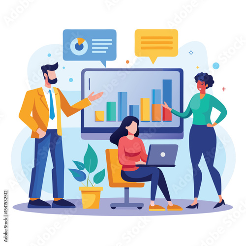 Team collaborating on business analytics and data visualization during a presentation