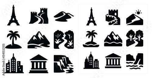 Travel and nature solid icons set – scenic, silhouette, adventure symbols