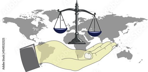  illustration of a justice scale held in a human hand, symbolizing equality, fairness, and law, set for International Justice Day