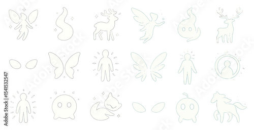 Fantasy and mythology outline icons set – linear, magical, legendary creature symbols