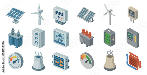 Renewable energy isometric icons set – solar, wind, sustainable power symbols