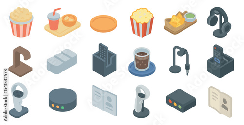 Snacks and tech isometric icons set – food, gadgets, 3d design symbols