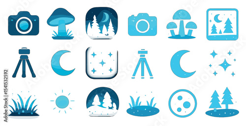 Nature and photography icons set – isometric, filled, camera and outdoor symbols
