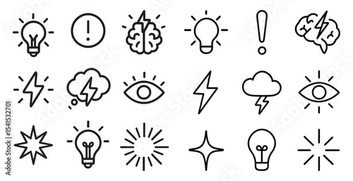 Brainstorming and creativity icons set - outline, linear, idea and innovation symbols