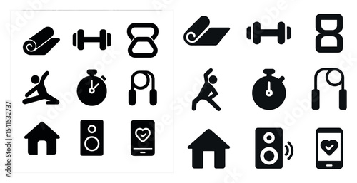 Fitness and exercise solid icons set – filled, silhouette, workout and health symbols