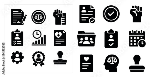 Legal and business solid icons set – silhouette, filled, justice and compliance symbols
