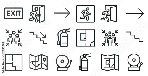Emergency evacuation icons set – linear, outline, safety and exit signs collection