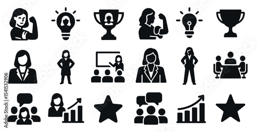 Business women solid icons set – professional, leadership, career symbols