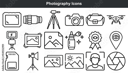 Photography Icons Set Black Line Art Camera Equipment Images