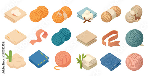 Yarn and fabric isometric icons set – textile, knitting, crafting visuals