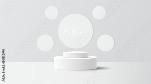 3D product Minimal display stand, white circle on gray background. Abstract geometric shapes in a simple design. Fashion stage mockup scene. Studio product display stand. Product advertising stand