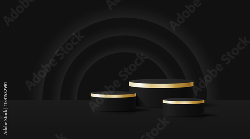 3D product display stand. black and gold geometric platform on black background. Abstract geometric shapes in a simple design. Fashion stage mockup scene. Studio product display stand.