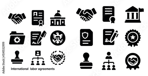 International labor agreements solid icons set – employment, contract, regulation symbols