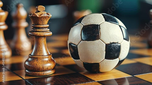 Chess board with wooden queen piece and small replica soccer ball. Strategy and competition concept in sport and game footage.