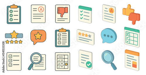 Feedback and review icons set – flat, linear, evaluation and rating symbols
