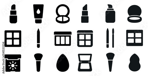 Cosmetics and beauty solid icons set – filled, silhouette, makeup and skincare symbols