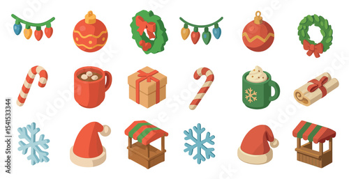 Christmas and holiday icons set – isometric, festive, seasonal celebration graphics