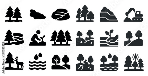 Nature and landscaping silhouette icons set – solid, filled, outdoor environment designs