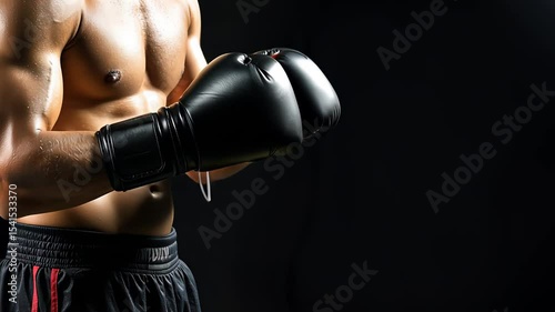 Male boxer in black shorts holding boxing glove. Confident athletic man preparing for fight. Concept of combat sport footage.