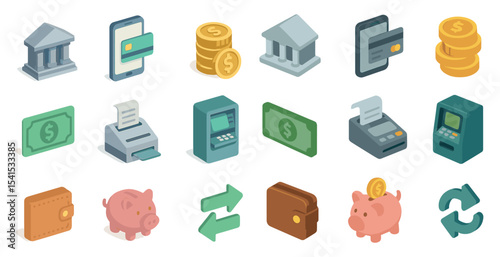 Finance and banking isometric icons set – money, currency, financial symbol pack