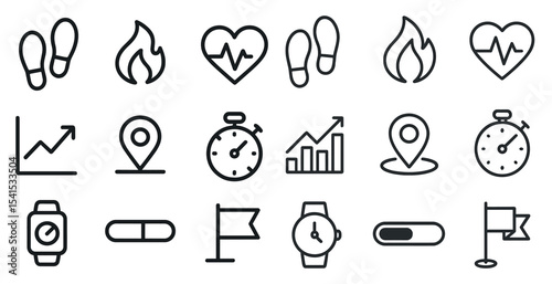 Health and fitness outline icons set – wellness, exercise and activity graphics