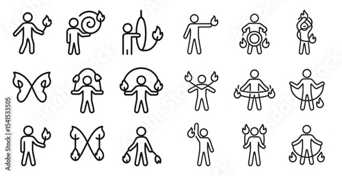 Fire performer line icons set – silhouette, outline, circus and juggling symbols