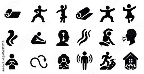 Yoga and meditation solid icons set – silhouette, exercise, wellness symbols