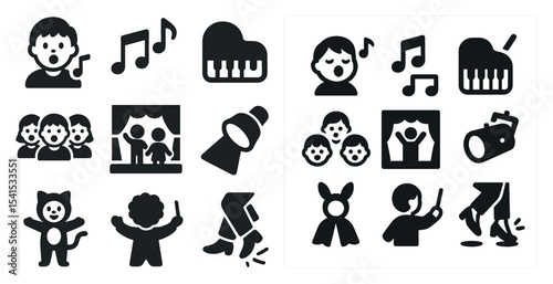 Music and theater icons set – solid, performance, entertainment symbols collection
