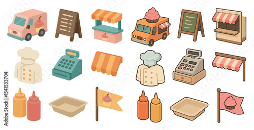 Food truck isometric icons set – chef, culinary, street food designs