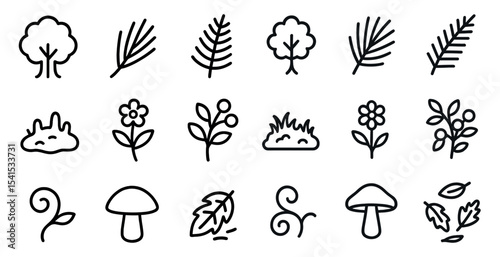 Nature and botany outline icons set – linear, line, plant and floral symbols