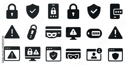 Security and privacy solid icons set – filled, protection, cybersecurity symbols