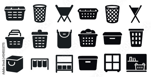 Laundry and storage icons set – solid, filled, organizational symbols and tools