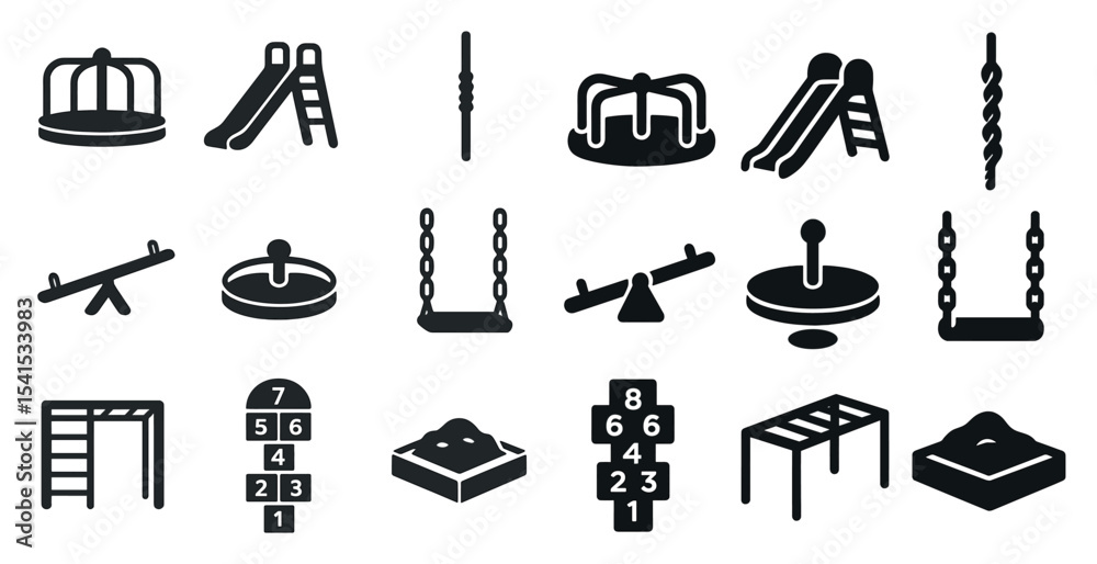 Obraz premium Playground equipment silhouette icons set – swing, slide, recreation symbols
