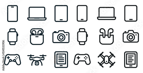 Electronic devices outline icons set – flat, linear, gadget and tech symbols