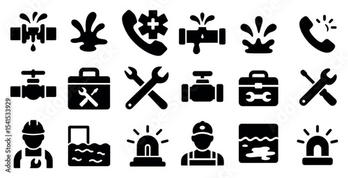 Plumbing and maintenance solid icons set – flat, repair, toolkit and labor symbols