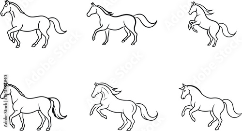 set of horses line art vector