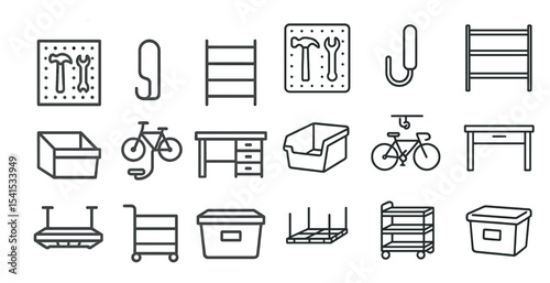 Home organization line icons set – storage, shelving, decluttering essentials