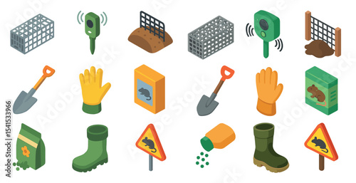 Pest control isometric icons set – vector, prevention, rodent management symbols