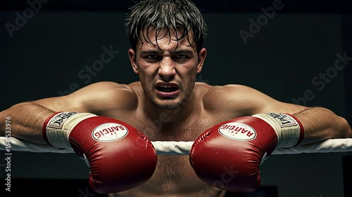 Male boxer with red gloves standing in stadium ring. Professional fight sport concept. Aggression, power, and determination. Championship footage.