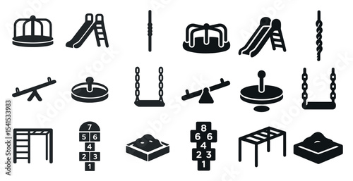 Playground equipment silhouette icons set – swing, slide, recreation symbols