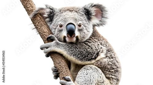 Cute Koala Clinging to a Tree Branch isolated on white background