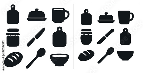 Kitchen utensils icons set in silhouette style – cooking, dining, food symbols