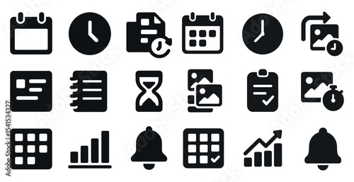 Time management solid icons set – schedule, planning, task organization symbols