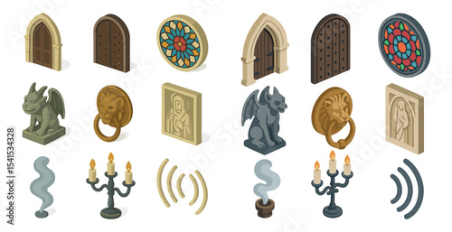 Medieval architecture icons set – isometric, building, castle and history symbols