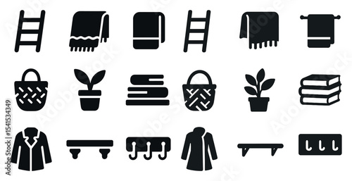 Home and living solid icons set – flat, filled, decor and organization symbols