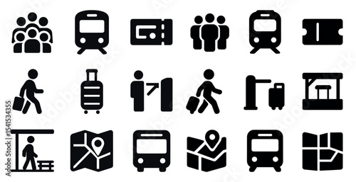 Transportation solid icons set – filled, commute, and travel symbols