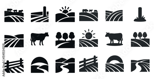 Farm and agriculture solid icons set – silhouette, filled, rural and harvest tools