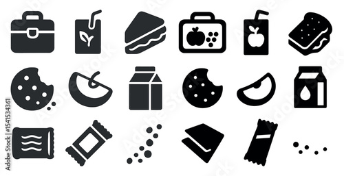 Lunchbox and snack silhouette icons set – solid, food, meal packing visuals